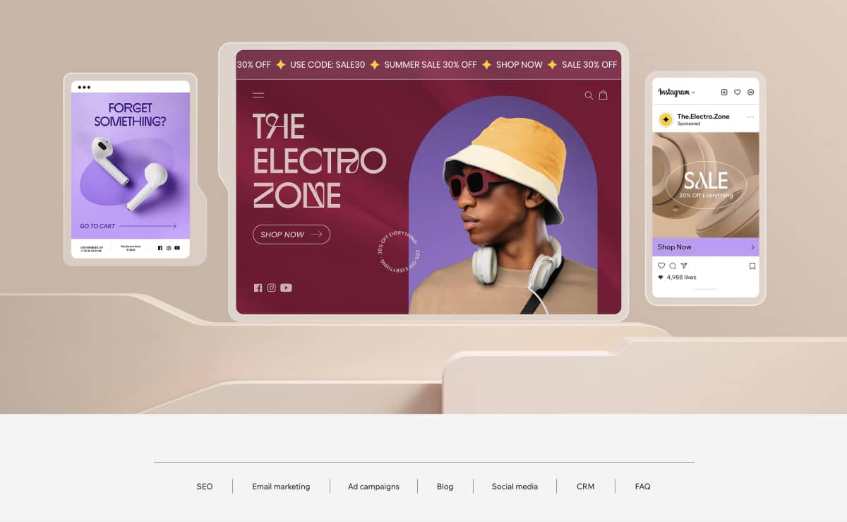Wix’s integrated marketing suite showing ecommerce storefronts and multichannel campaigns across email, website banners and social media platforms