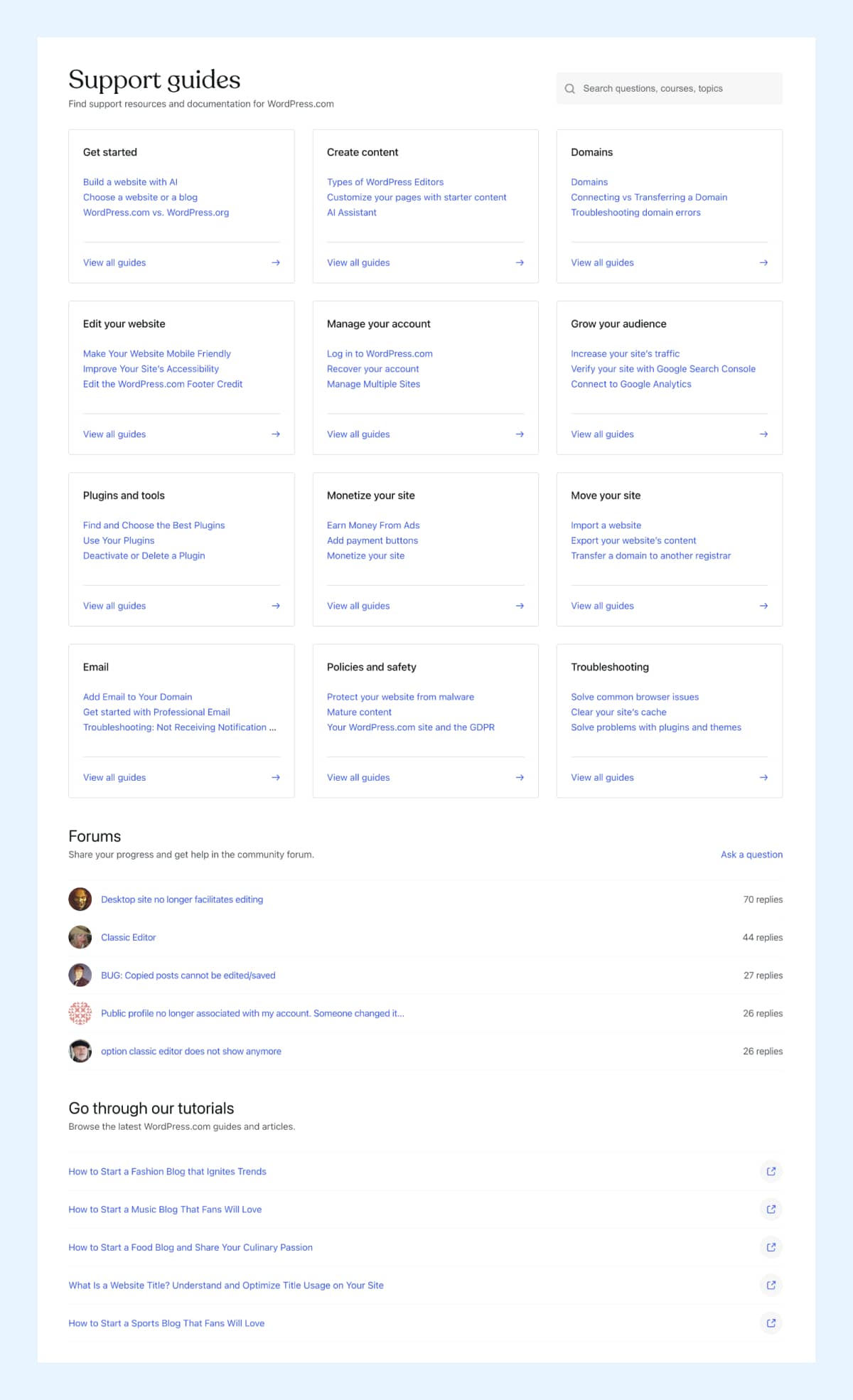WordPress.com support page showcasing categorized support guides, active community forums, and tutorials for user assistance