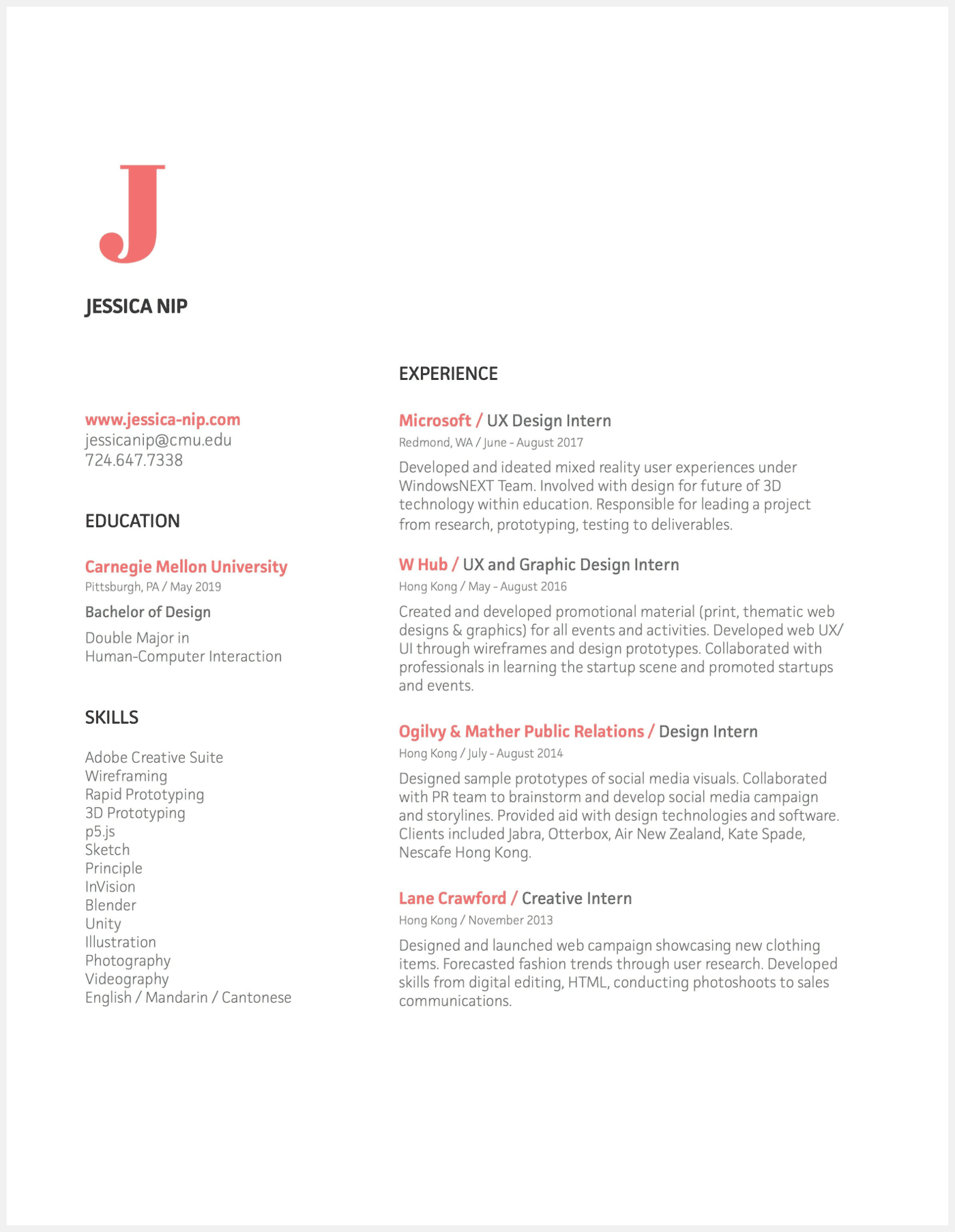 Jessica Nip UX resume example