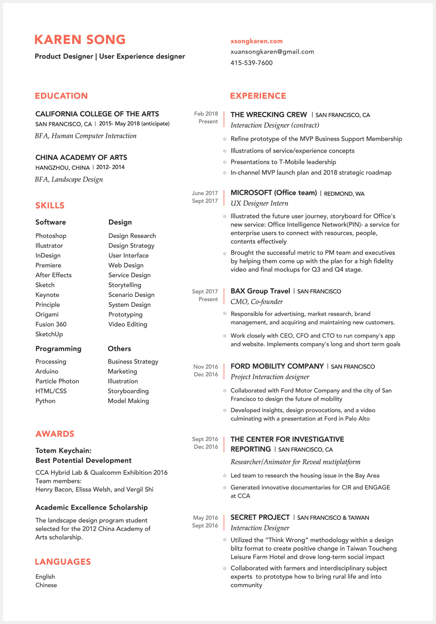 Karen Song UX resume exaple
