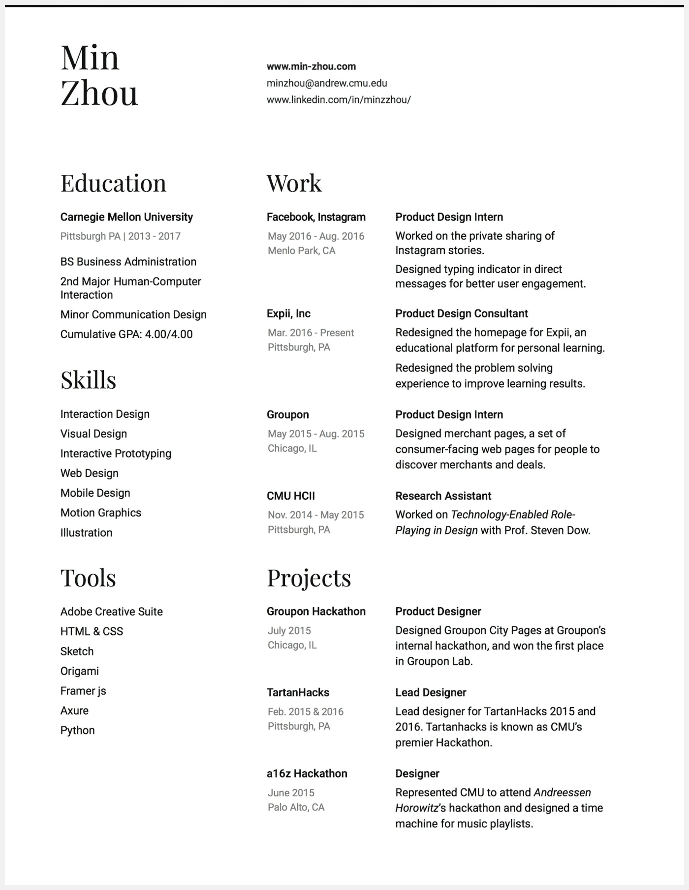 Min Zhou UX resume example